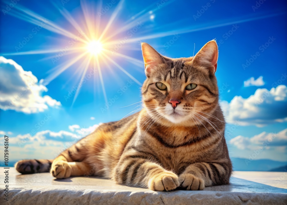 Obraz premium Relaxed Cat Against a Bright Blue Sky with Sunlight Creating a Warm Atmosphere for Social Media Engagement and Eye-Catching Visual Appeal in Product Photography