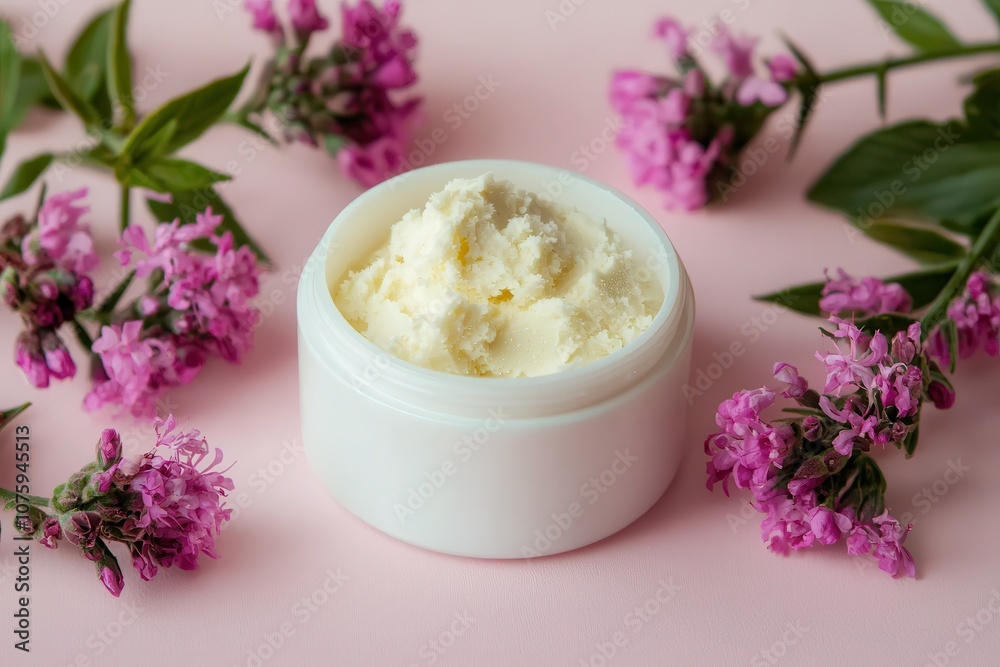 Palm oil shea butter. A creamy skincare product sits in a jar, surrounded by pink flowers on a soft pink background, showcasing a natural and soothing aesthetic.