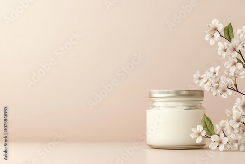 Palm oil shea butter. A serene scene featuring a glass jar of cream beside delicate floral blooms on a soft pastel background.