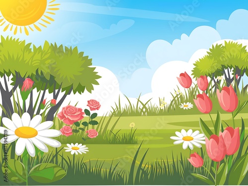 A Sunny Meadow with Flowers and Lush Green Grass