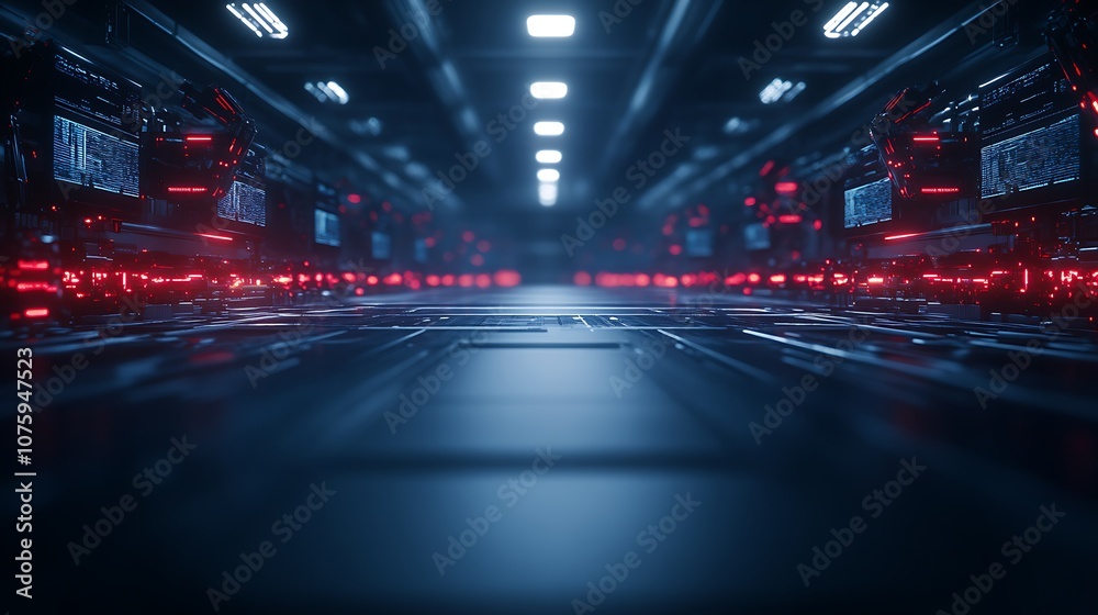 A futuristic data center corridor with glowing red lights, sleek surfaces, and rows of servers, conveying a high-tech and digital atmosphere. A futuristic data center corridor with glowing red lights, sleek surfaces, and rows of servers, conveying a high-tech and digital atmosphere.