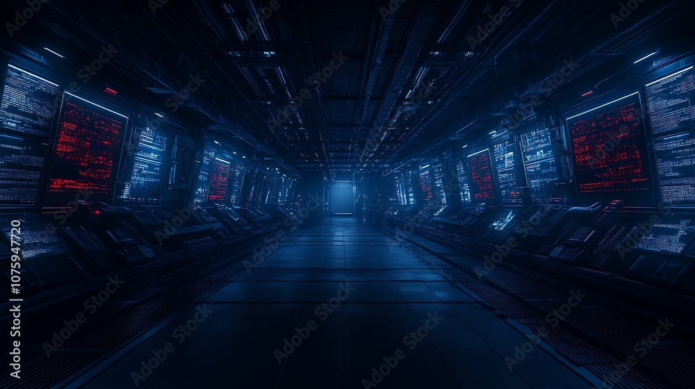 A dimly lit corridor with glowing blue and red lights, featuring futuristic technology and a mysterious atmosphere. A dimly lit corridor with glowing blue and red lights, featuring futuristic technology and a mysterious atmosphere.