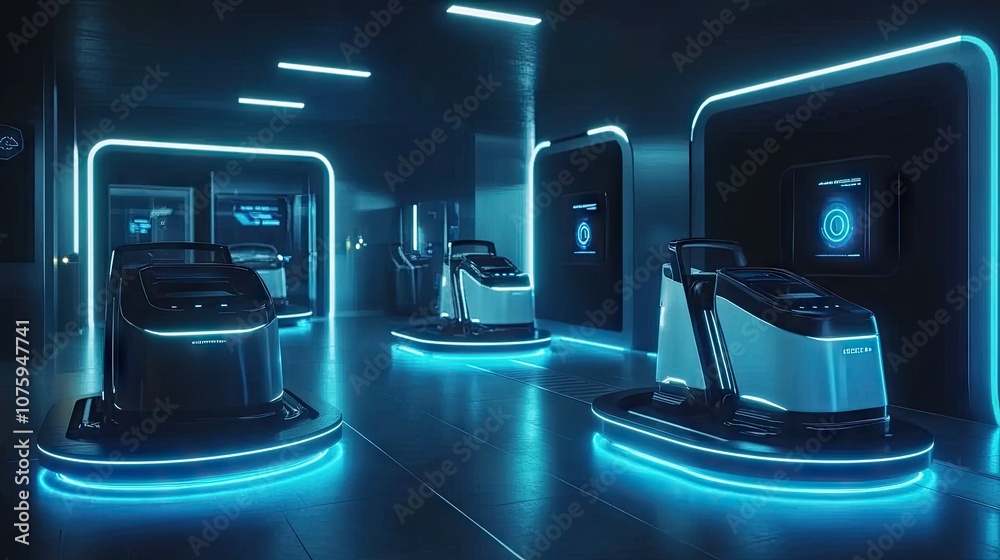Futuristic Robotic Devices in a High-Tech Warehouse Featuring Neon Blue Lighting and Sleek Design Aesthetic for Technology and Innovation Themes Futuristic Robotic Devices in a High-Tech Warehouse Featuring Neon Blue Lighting and Sleek Design Aesthetic for Technology and Innovation Themes