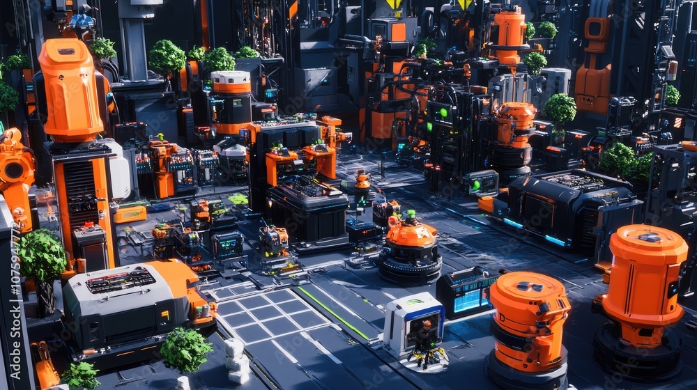Fototapeta premium Futuristic Industrial Complex with Advanced Technology and Vibrant Orange Accents, Showcasing Innovation in a Sustainable Urban Environment