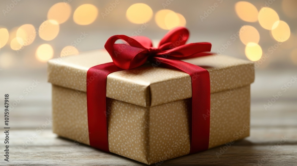 A single golden gift box with a red ribbon, on a wooden surface against a background of bokeh lights. A single golden gift box with a red ribbon, on a wooden surface against a background of bokeh lights.