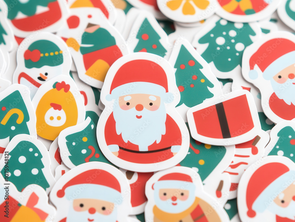 Festive Christmas themed stickers featuring Santa Claus, trees, and ornaments create joyful holiday atmosphere. Perfect for decorating gifts and cards! Festive Christmas themed stickers featuring Santa Claus, trees, and ornaments create joyful holiday atmosphere. Perfect for decorating gifts and cards!