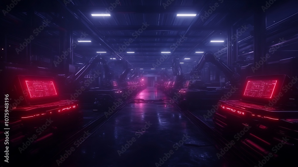 A futuristic, neon-lit industrial scene featuring robotic machinery with glowing red elements in a dark, high-tech environment. A futuristic, neon-lit industrial scene featuring robotic machinery with glowing red elements in a dark, high-tech environment.
