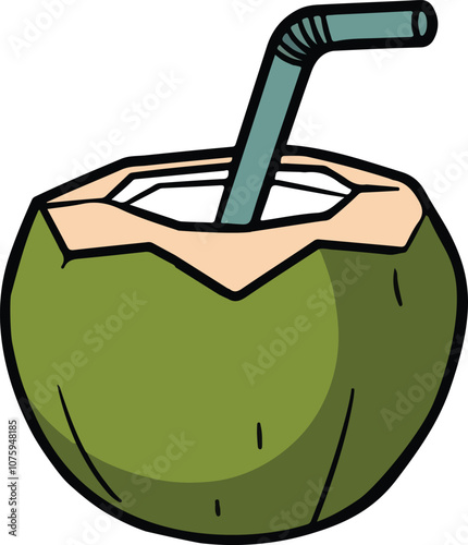 A vector style illustration of a green coconut on a white background. There's a straw sticking out of the coconut.