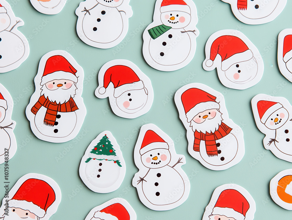 Festive array of Christmas themed snowman stickers with hats and scarves. Perfect for holiday decorations and crafts, bringing joy and cheer to season! Festive array of Christmas themed snowman stickers with hats and scarves. Perfect for holiday decorations and crafts, bringing joy and cheer to season!