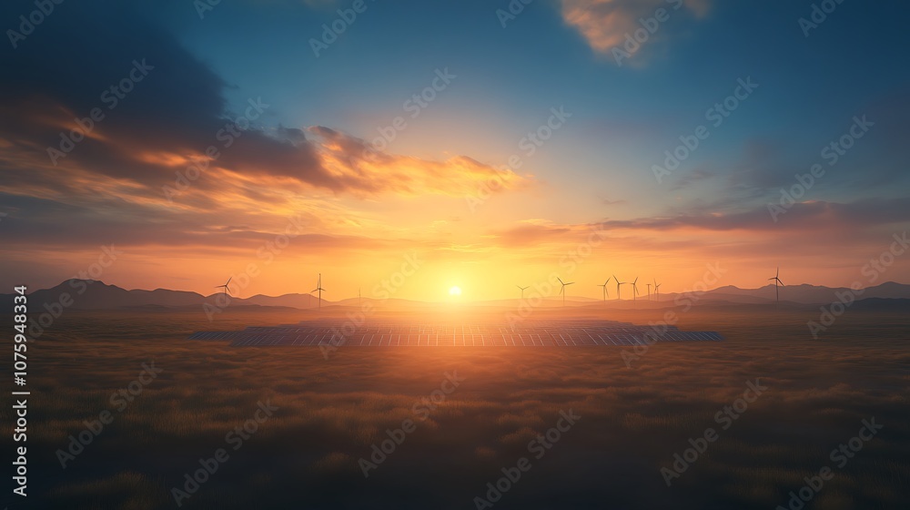 Fototapeta premium A breathtaking sunset casts vibrant colors across the sky, illuminating clouds and distant landscapes, creating a peaceful natural scene.