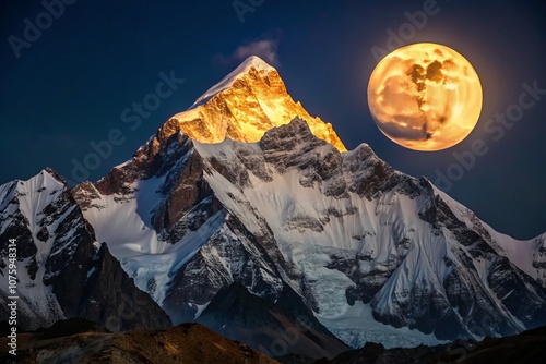 Serene Nightscape: The Moon Illuminates Mount Everest in a Silhouette Against a Dark Sky, Emphasizing Nature's Beauty in a Minimalist Wide-Angle Composition