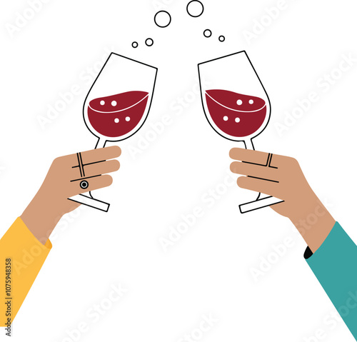 Hands Cheering with Glasses of Wine of vector style on white background.