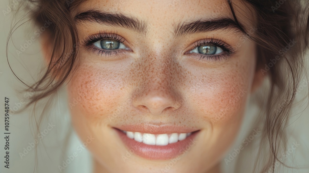 Portrait of smiling freckled woman with beautiful eyes showing perfect white teeth Portrait of smiling freckled woman with beautiful eyes showing perfect white teeth