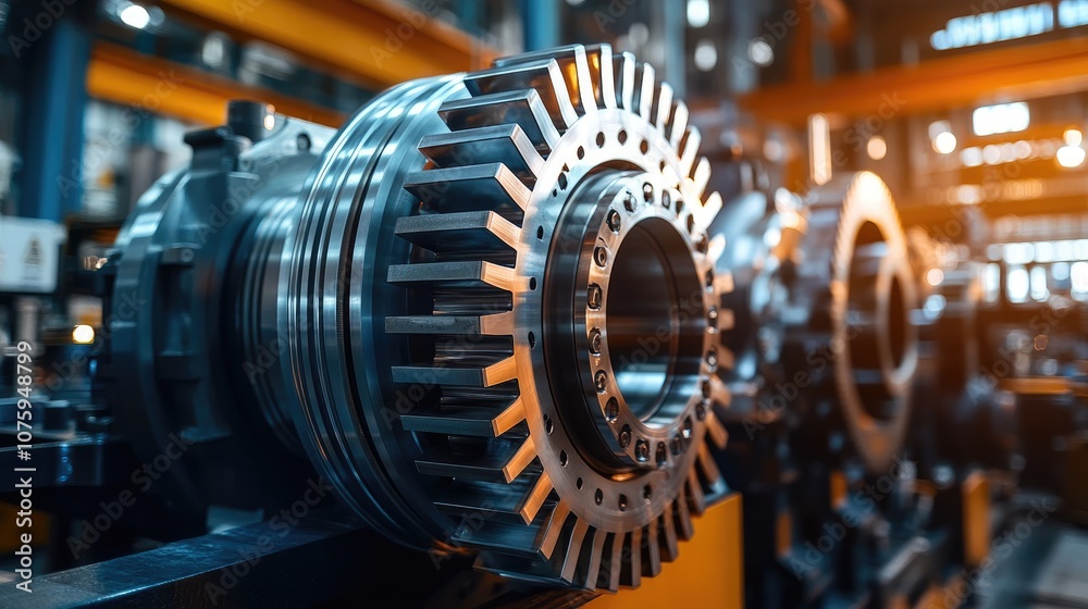 Industrial gear assembly showing precision engineering in modern factory Industrial gear assembly showing precision engineering in modern factory