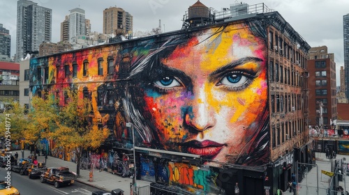 Colorful mural of a woman's face covering building in chelsea, new york city
