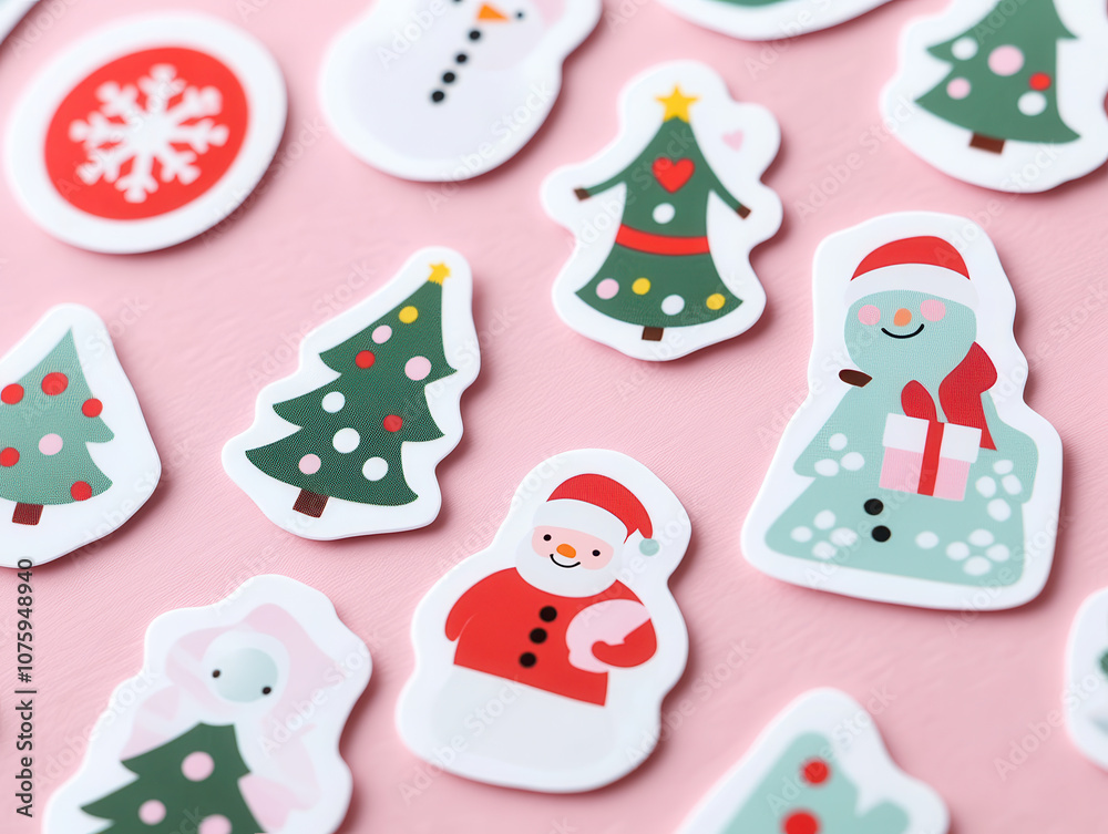 Playful Christmas themed stickers featuring snowmen, trees, and Santa. Perfect for festive decorations and holiday crafts, adding cheerful touch to any project Playful Christmas themed stickers featuring snowmen, trees, and Santa. Perfect for festive decorations and holiday crafts, adding cheerful touch to any project