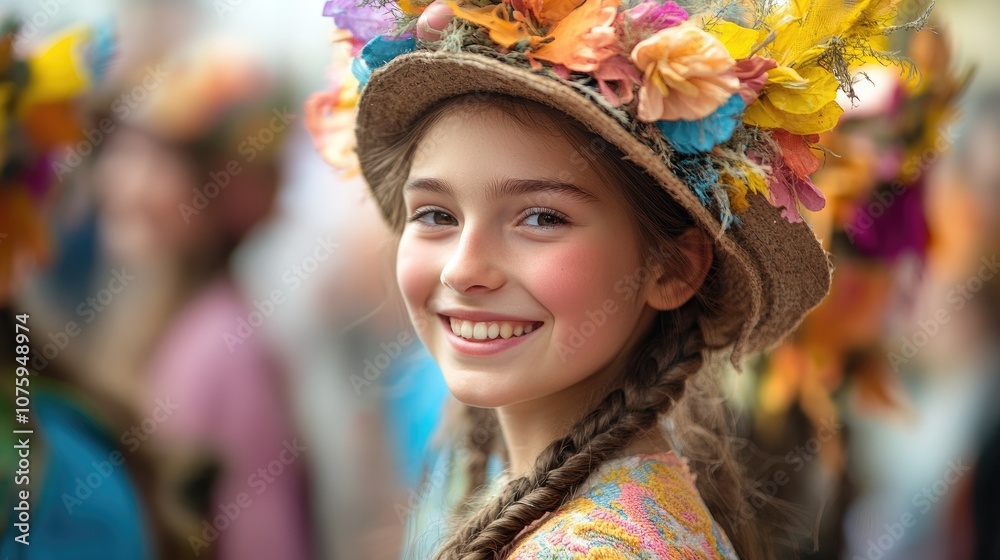 Young girl smiling and wearing flower crown at local festival Young girl smiling and wearing flower crown at local festival