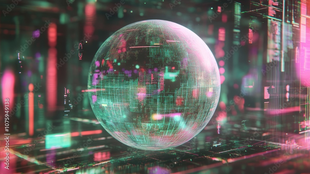 Futuristic Digital Sphere with Data Visualization in Neon Colors Representing Global Connectivity and High-Tech Environment Futuristic Digital Sphere with Data Visualization in Neon Colors Representing Global Connectivity and High-Tech Environment