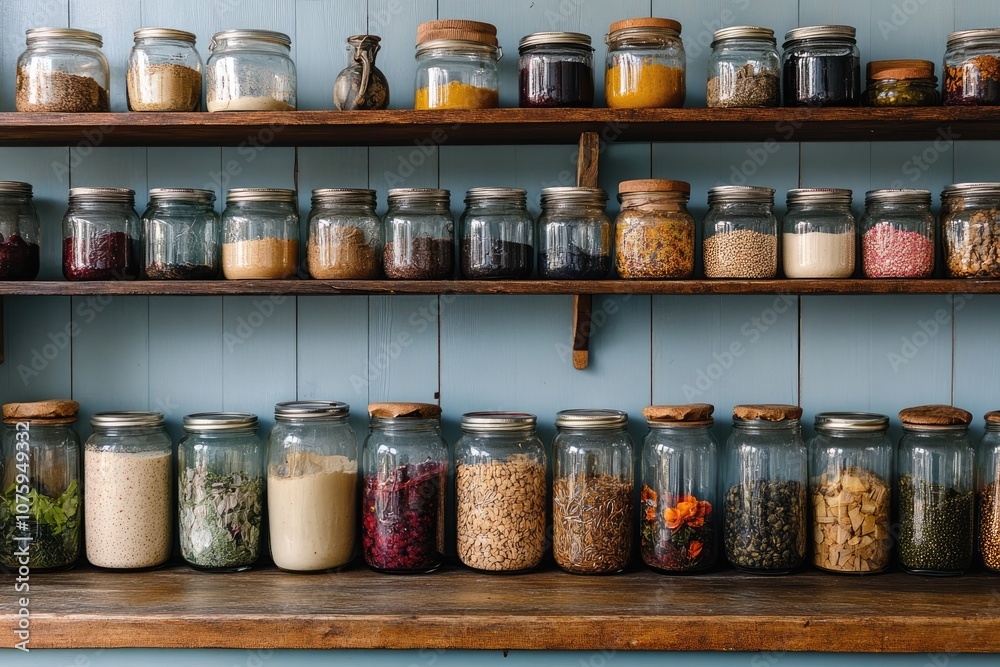 Preserving food in glass jars on wooden shelves promoting sustainable lifestyle Preserving food in glass jars on wooden shelves promoting sustainable lifestyle