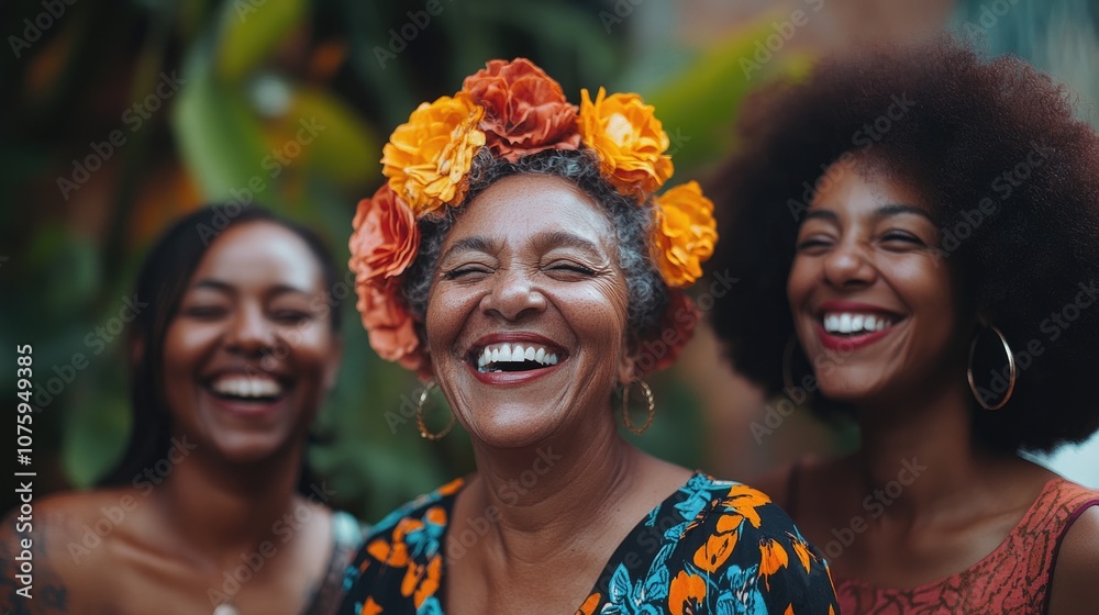 Three happy women smiling and wearing flower crown in nature Three happy women smiling and wearing flower crown in nature