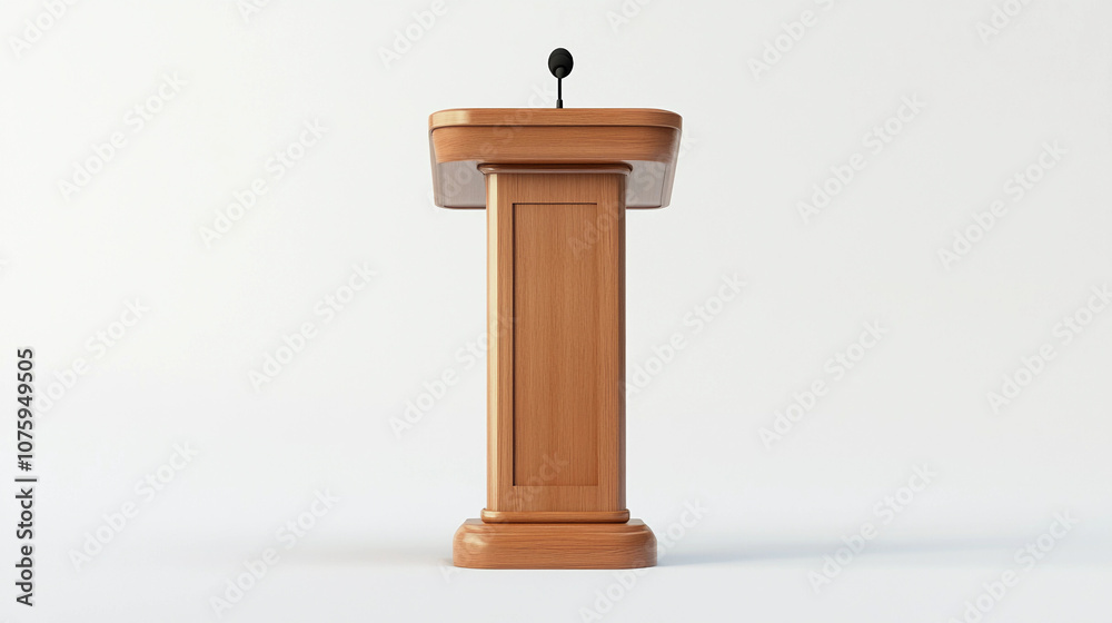 One lone light wood podium with black microphone on white background One lone light wood podium with black microphone on white background