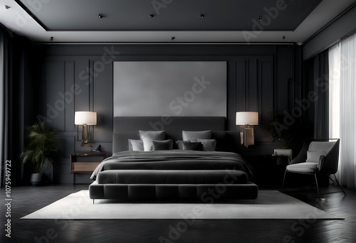 interior large black modern colours luxurious deep bed generative background nightstand master style lack empty walls bedroom rich room space furniture home dark monochrome fancy pillow luxe grey gray photo