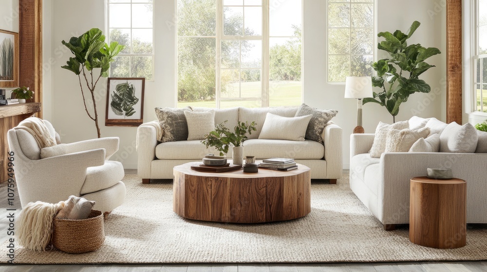 Bright and Airy Living Room with Modern Decor Featuring Cozy Seating, Natural Elements, and Abundant Light Filtering Through Large Windows Bright and Airy Living Room with Modern Decor Featuring Cozy Seating, Natural Elements, and Abundant Light Filtering Through Large Windows