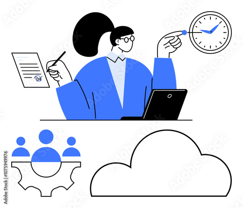 Businesswoman with a laptop pointing at a clock and holding a document, team collaboration, cloud storage symbol. Ideal for productivity, time management, teamwork, remote work, cloud computing