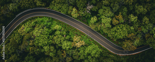 Winding road in the forest The top view of the beautiful Aerial view of asphalt road, the highway through the forest in the rainy season. For travel and nature driving..