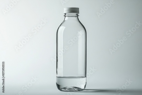 Clear Glass Bottle with White Cap on White Background