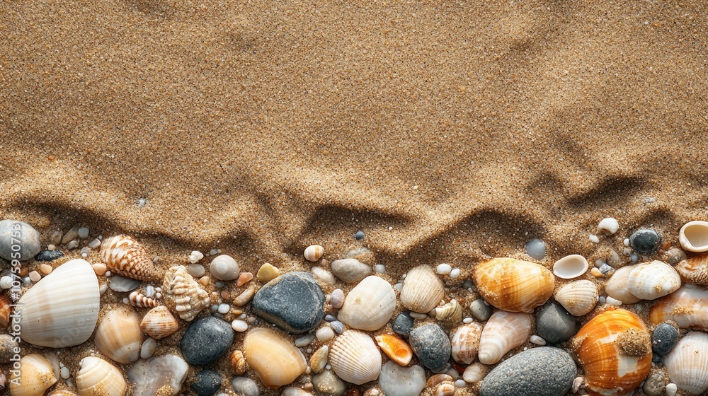 Seashells and stones on a sandy beach with copy space. Seashells and stones on a sandy beach with copy space.