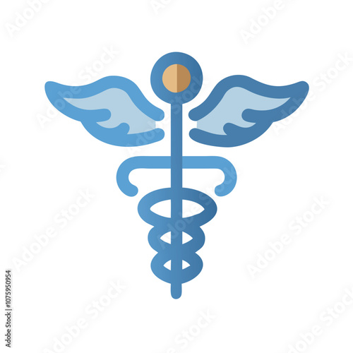 Caduceus medical icon with wings and staff, Vector illustration of a caduceus symbol featuring a winged staff with intertwined serpents, representing medicine and healthcare.
