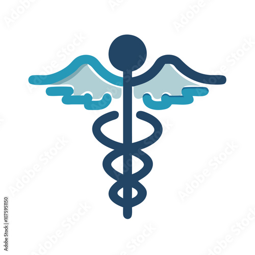 Caduceus medical icon with wings and staff, Vector illustration of a caduceus symbol featuring a winged staff with intertwined serpents, representing medicine and healthcare.
