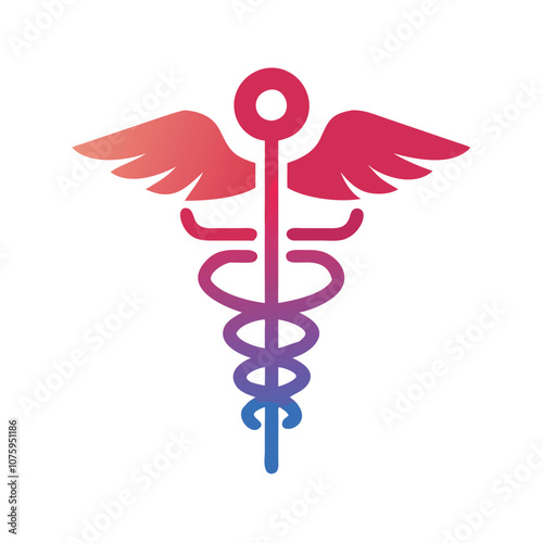 Caduceus medical icon with wings and staff, Vector illustration of a caduceus symbol featuring a winged staff with intertwined serpents, representing medicine and healthcare.
