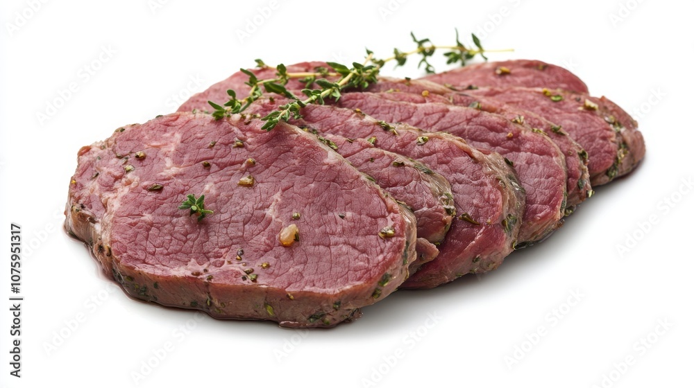 Succulent Roast Beef Slices with Fresh Herbs on White Background Succulent Roast Beef Slices with Fresh Herbs on White Background