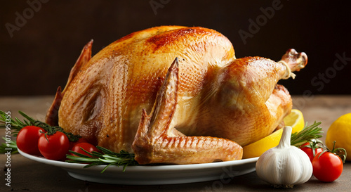 A beautifully roasted turkey with crispy skin, garnished with rosemary, tomatoes, garlic, and lemon on a white plate, presented on a warm, festive background. Ideal for holiday and culinary themes photo