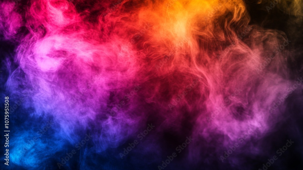 Fototapeta premium Abstract Background: Neon Pink, Blue, and Orange Light Steam Flowing in Colorful Mist Clouds on Dark Copy Space