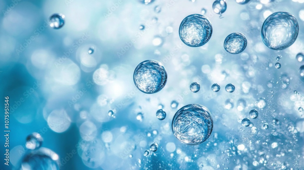 Blue gas bubbles in water: Studio shot of transparent cosmetics for clean energy and rejuvenation with selective focus. Blue gas bubbles in water: Studio shot of transparent cosmetics for clean energy and rejuvenation with selective focus.