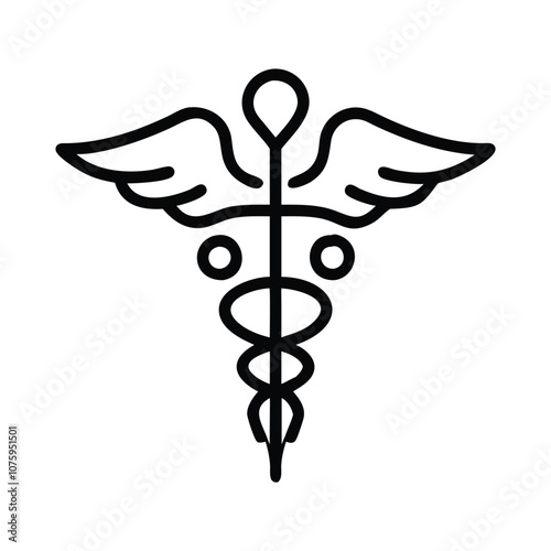 Caduceus medical icon with wings and staff, Vector illustration of a caduceus symbol featuring a winged staff with intertwined serpents, representing medicine and healthcare.
