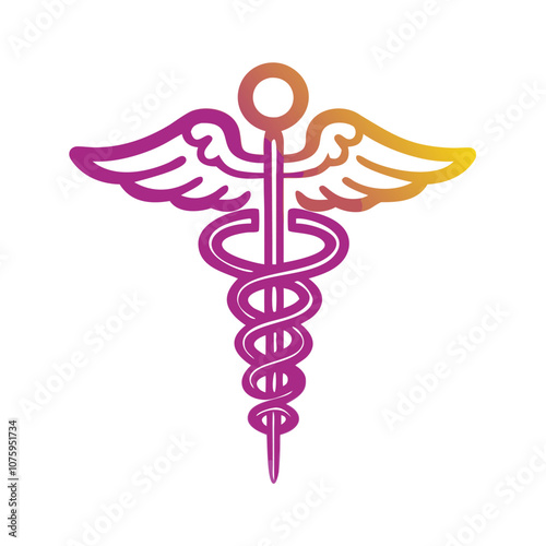 Caduceus medical icon with wings and staff, Vector illustration of a caduceus symbol featuring a winged staff with intertwined serpents, representing medicine and healthcare.
