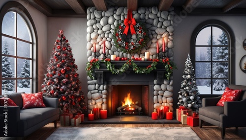 Snowy Christmas Fireplace with Wreath and Decor