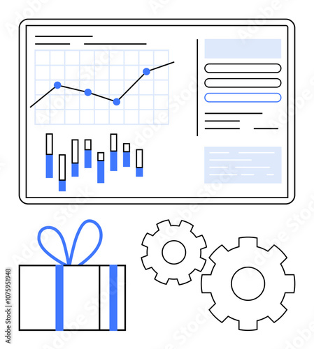 Business dashboard with line and bar charts, gift box, and gears symbolizing data analysis, rewards, and operational efficiency. Ideal for business, analytics, operations, productivity marketing