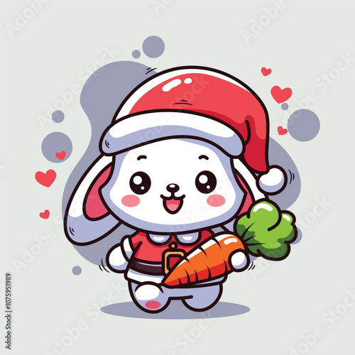 Cute bunny wearing santa hat and holding carrot vector illustration.