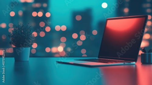 A sleek laptop on a stylish desk, with a small plant, illuminated against a vibrant city skyline at night.