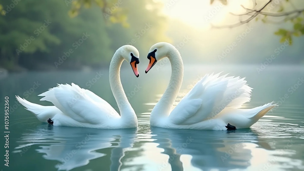 Fototapeta premium Two white geese in the lake swim side by side. 