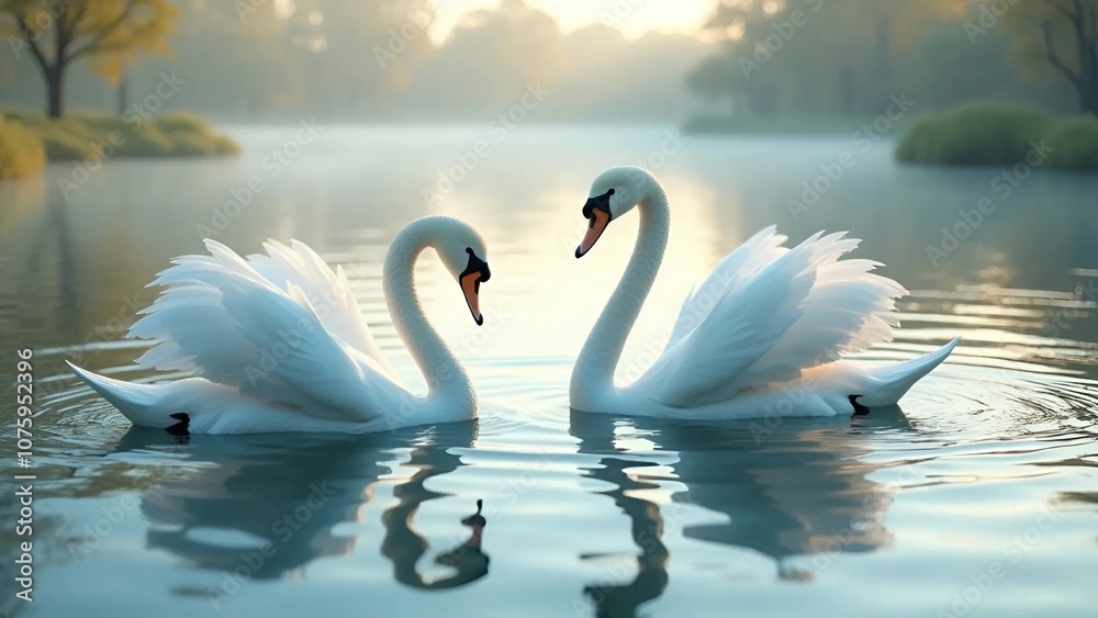 White geese on the lake side by side White geese on the lake side by side