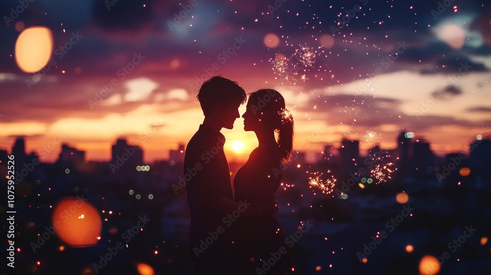 Silhouette of a couple embracing at sunset with sparkling lights.