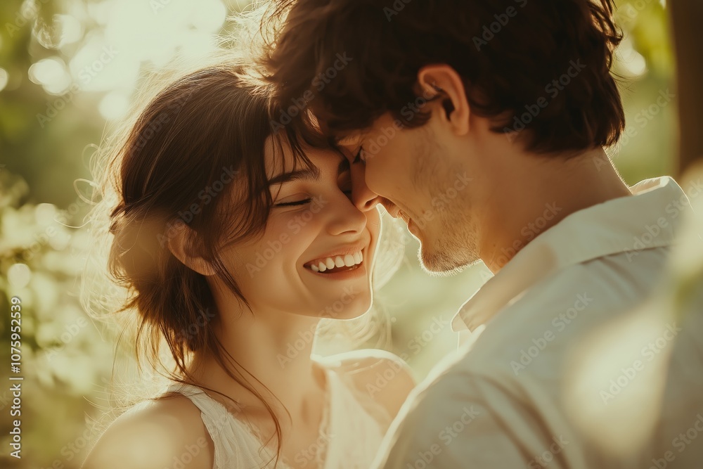 A candid, romantic photo of a young couple sharing an intimate moment, smiling and touching noses outdoors with soft natural light and a dreamy atmosphere A candid, romantic photo of a young couple sharing an intimate moment, smiling and touching noses outdoors with soft natural light and a dreamy atmosphere
