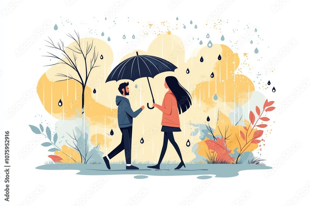 A flat illustration of a couple walking in the rain under a shared umbrella with vibrant foliage and splashes of autumn colors in the background A flat illustration of a couple walking in the rain under a shared umbrella with vibrant foliage and splashes of autumn colors in the background