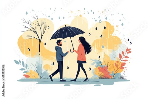 A flat illustration of a couple walking in the rain under a shared umbrella with vibrant foliage and splashes of autumn colors in the background